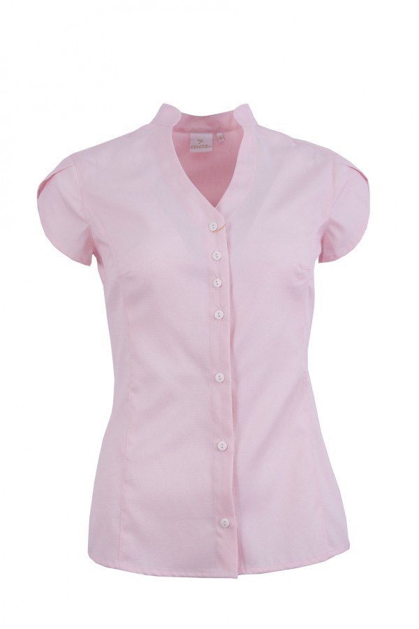 Дамска риза къс ръкав V-образно бие и яка тип столче, цвят - бледорозов структура ( slim line)