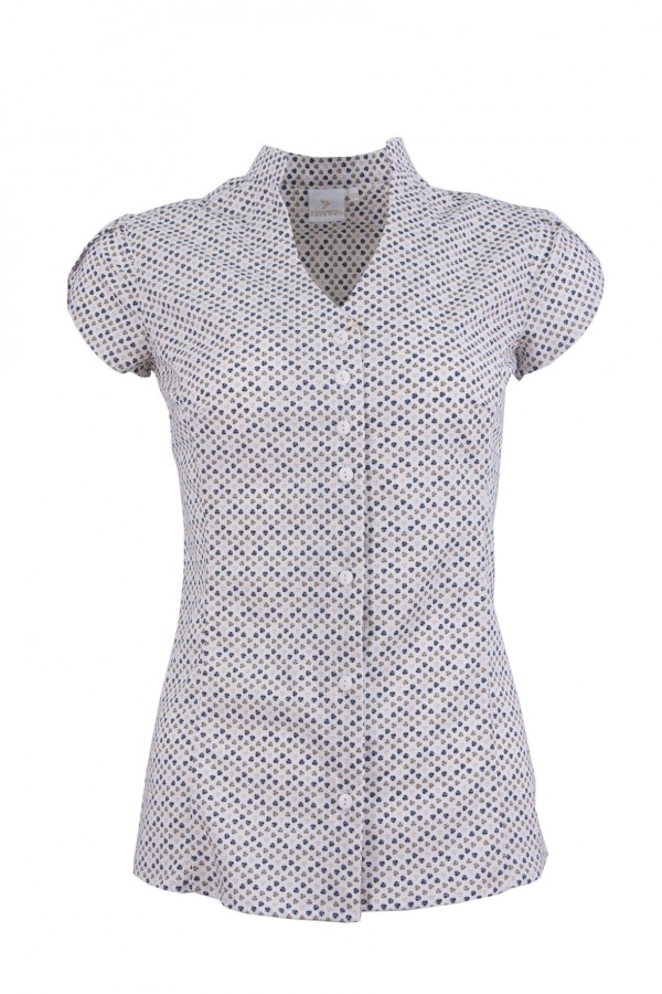 Дамска риза къс ръкав V-образно бие и яка тип столче, цвят - екрю трицветен принт ( slim line)