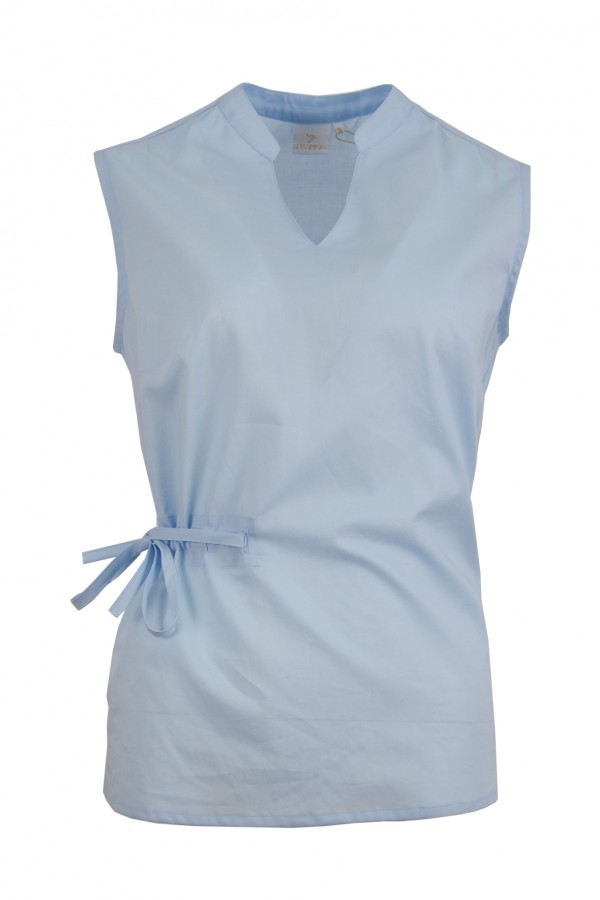 Дамска риза без ръкав V-образно бие с яка тип столче и набор с коланче цвят - бледосин classic line