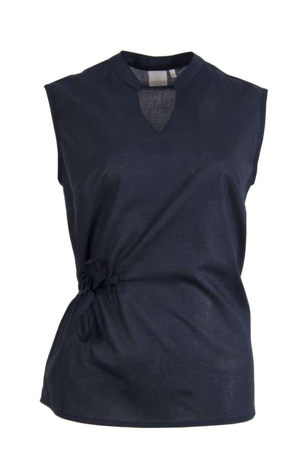 Дамска риза без ръкав V-образно бие с яка тип столче и набор с коланче цвят - тъмносин classic line