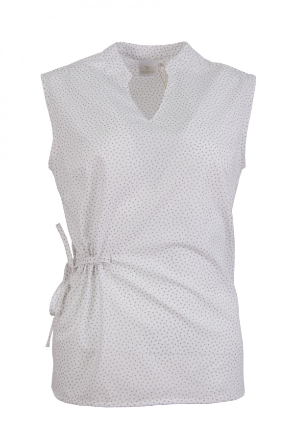 Дамска риза без ръкав V-образно бие с яка тип столче и набор с коланче цвят - бял принт сиви точки classic line