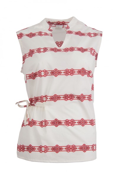 Дамска риза без ръкав V-образно бие с яка тип столче и набор с коланче цвят - екрю с червен принт classic line