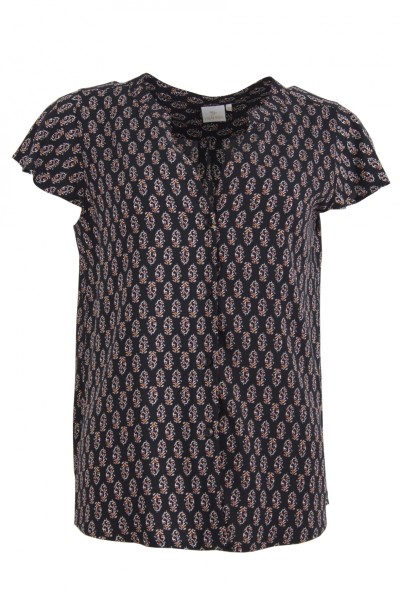 Дамска риза къс ръкав камбанка, V-образно бие и яка тип столче цвят - черен принт classic line