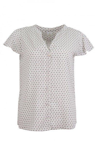 Дамска риза къс ръкав камбанка, V-образно бие и яка тип столче цвят - бял принт classic line